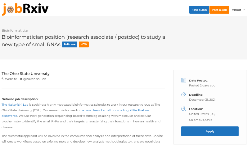 Jobrxiv Bioinformatician Position Research Associate Postdoc To Study A New Type Of Small Rnas The Ohio State University Columbus Usa T Co Hnnoemdimp Sciencejobs Rnaseq Bioinformatics Programming T Co Ovdlg5xbsh