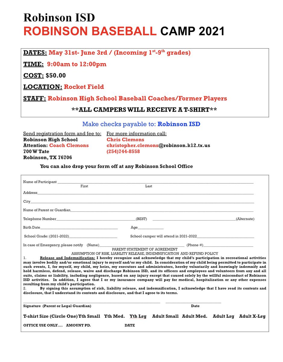 Robinson Rocket Baseball Camp!

When: May 31-June 3rd
Time: 9:00am-12:00pm
Location: Rocket Stadium

Come out and support the future of Rocket Baseball!