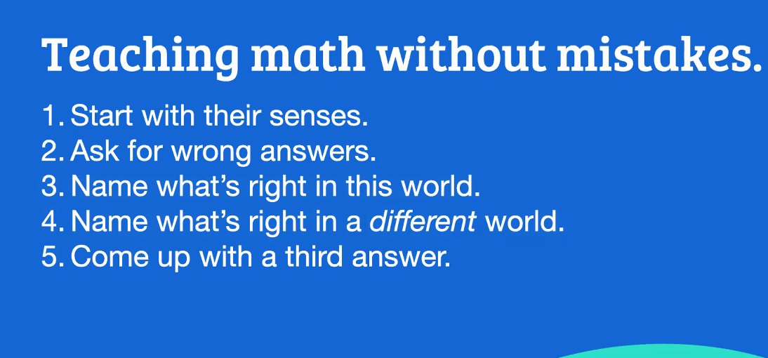 Main Points from <a href="/ddmeyer/">Dan Meyer</a>'s Keynote session "Teaching Math Without Mistakes": Start with senses, ask for wrong answers, ask what's right (and could be right), come up with a 3rd answer. Thanks for an engaging opening to our #OAME2021 #AOEM2021 Conference
