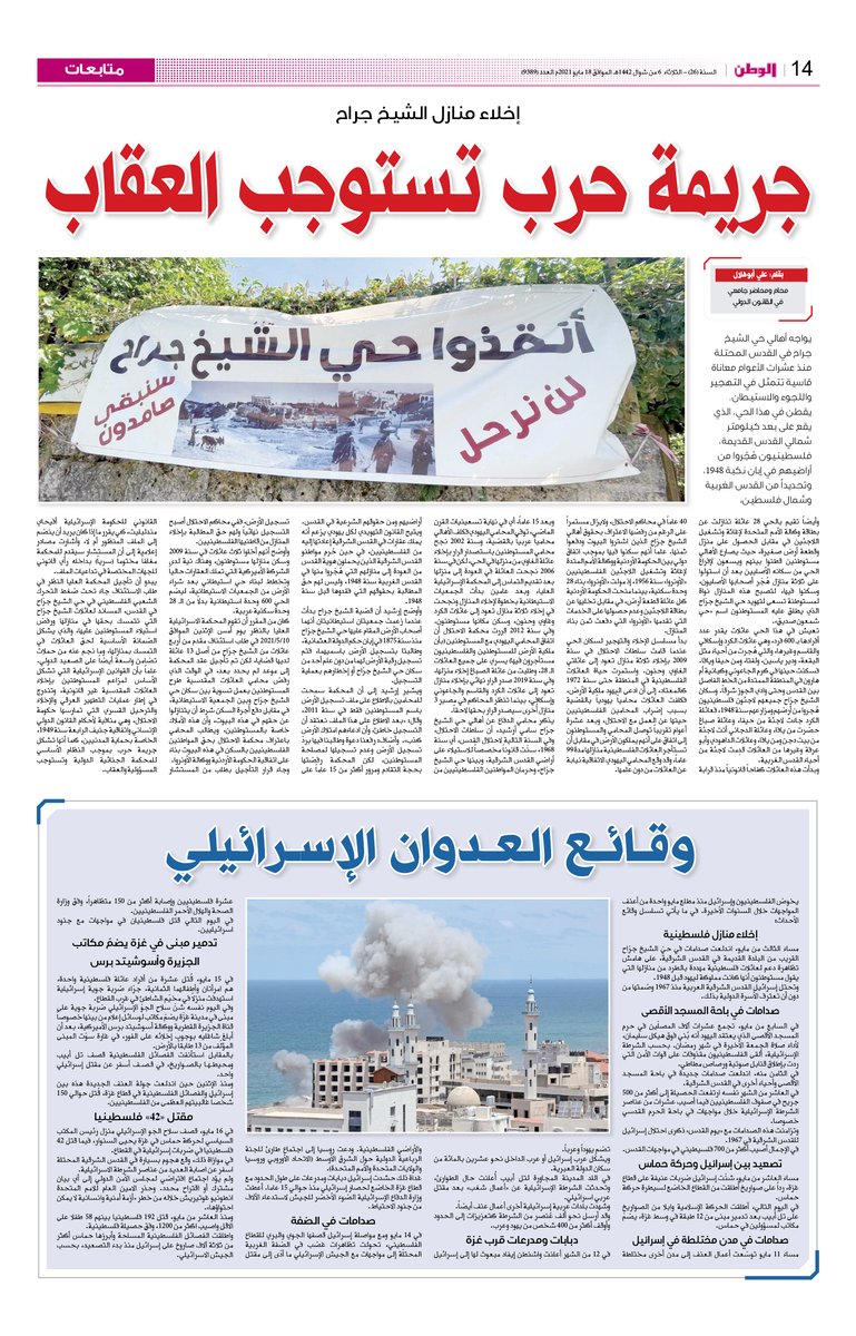 إخلاء منازل الشيخ جراح جريمة حرب تستوجب العقاب الوطن