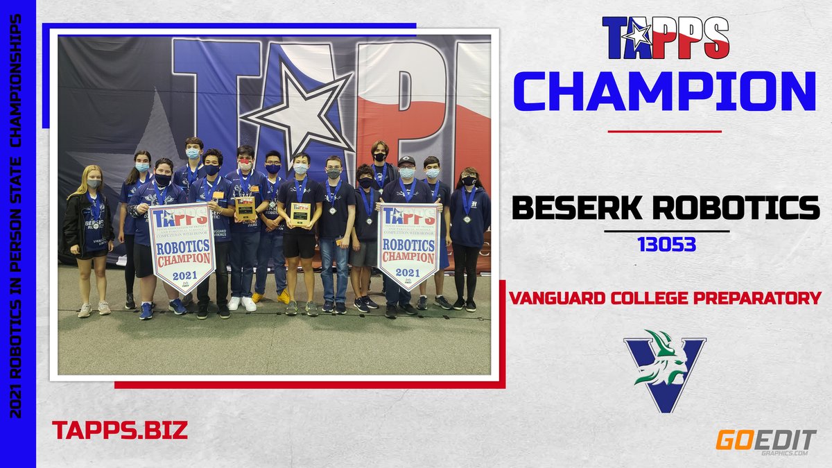 TappsRobotics's tweet image. Congratulations to Berserk Robotics from Vanguard College Preparatory, your #TAPPSrobotics In Person Champions!