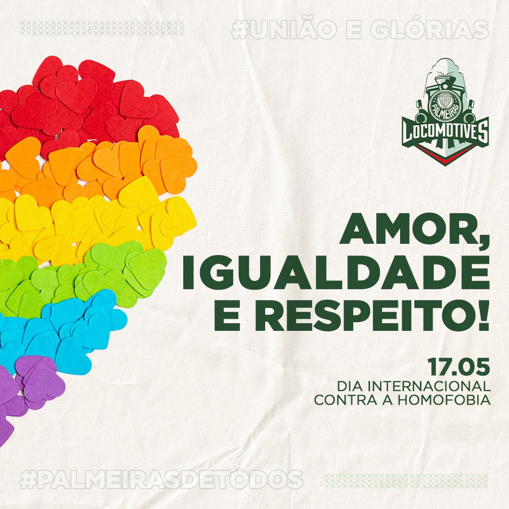 Amor, igualdade e respeito. 
Valores que sempre guiarão nossa história e nosso futuro! O Amor é um só e todos merecem!
Nós nos vestimos de verde e branco mas sempre nos vestimos de respeito! 🏳️‍🌈
#AvantiPalestra #Palmeiras #Verdão #lgbt #homofobia #17demaio #comunidadelgbt #beproud