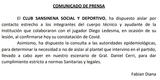 #ATENCIÓN Comunicado del Club Sansinena con motivo del caso positivo de Covid de un jugador de Olimpo de Bahía Blanca.