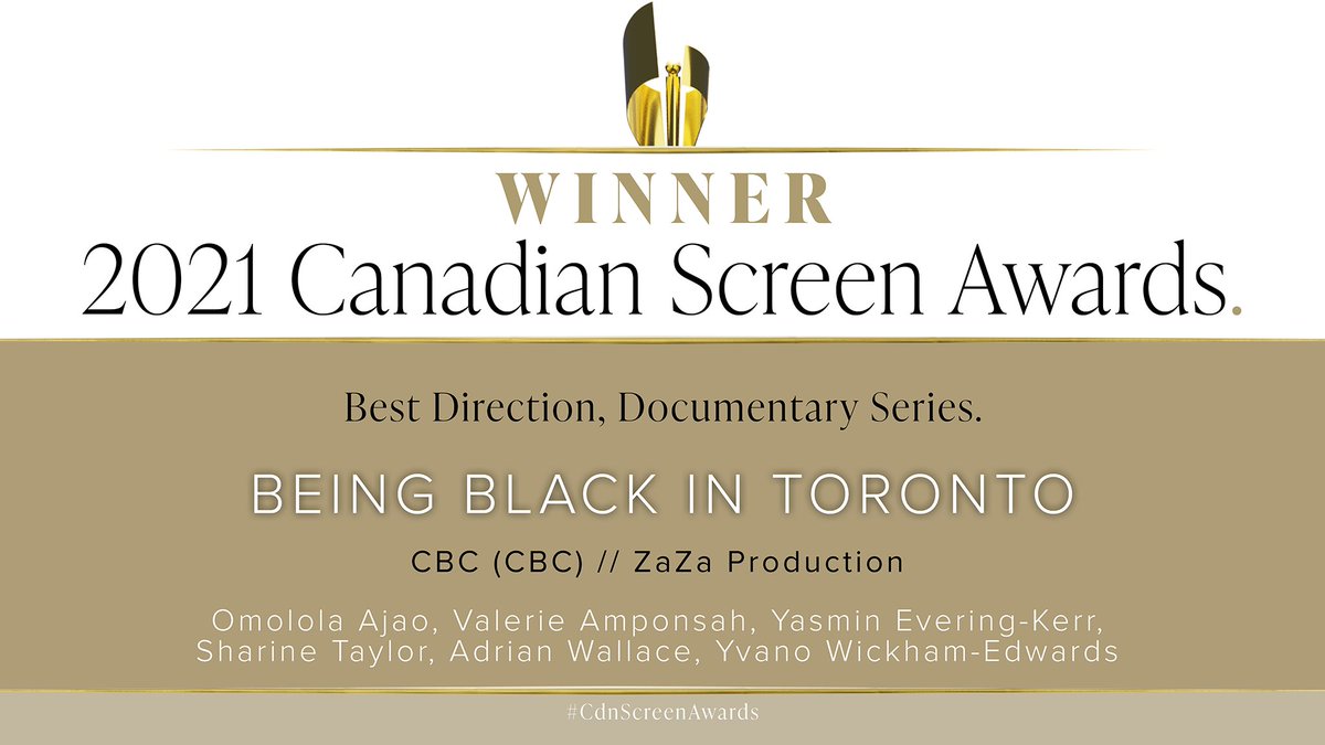 Congratulations to the team of Being Black in Toronto, winners of Best Direction, Documentary Series. <a href="/BBIC_ENAC/">Being Black in Canada | Etre Noir.e au Canada</a>
<a href="/CBC_Publicity/">CBC PR</a> #CdnScreenAwards