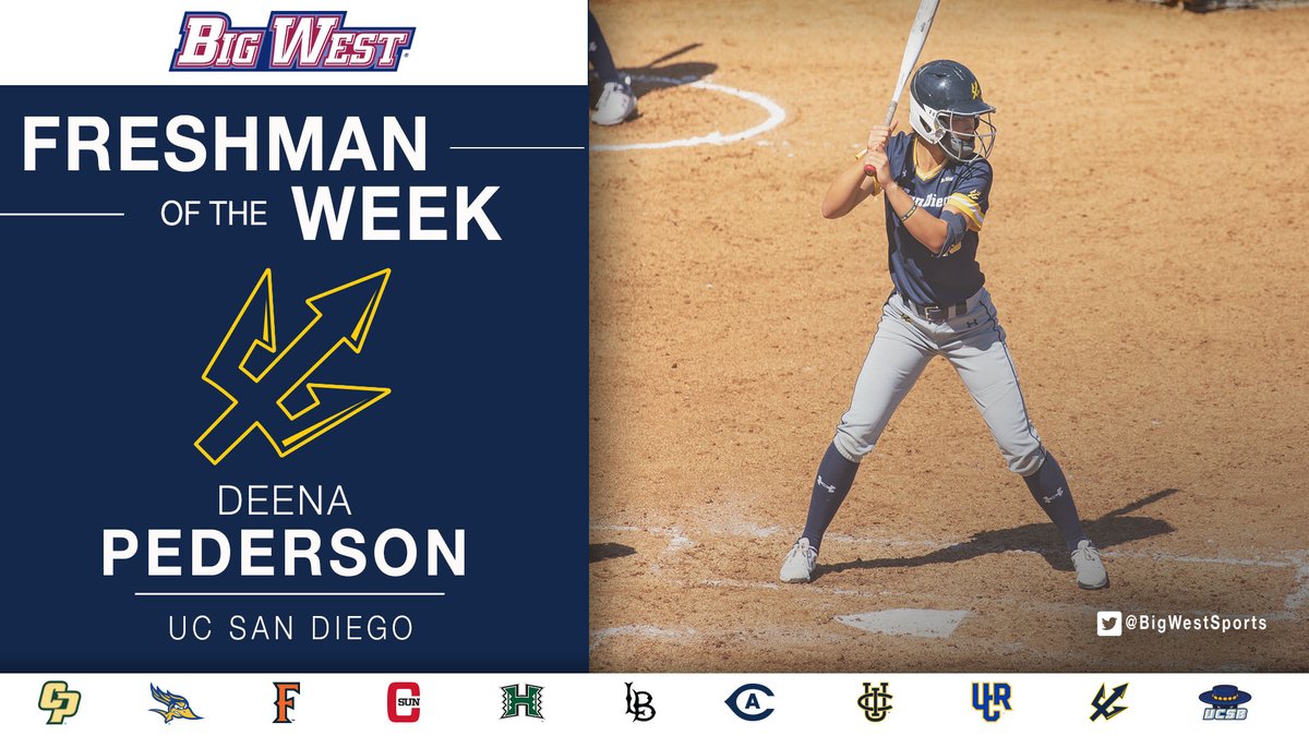 BigWestSports's tweet photo. @UCSDsoftball takes the final bow as Deena Pederson takes Freshman of the Week

🥎Batted .429 and had two hits in the opener against CP

🥎Drove in game-tying RBI in game 1 to force extras

🥎Stole a pair of bases and had an OBP of .556 https://t.co/x7B4lsO8tz