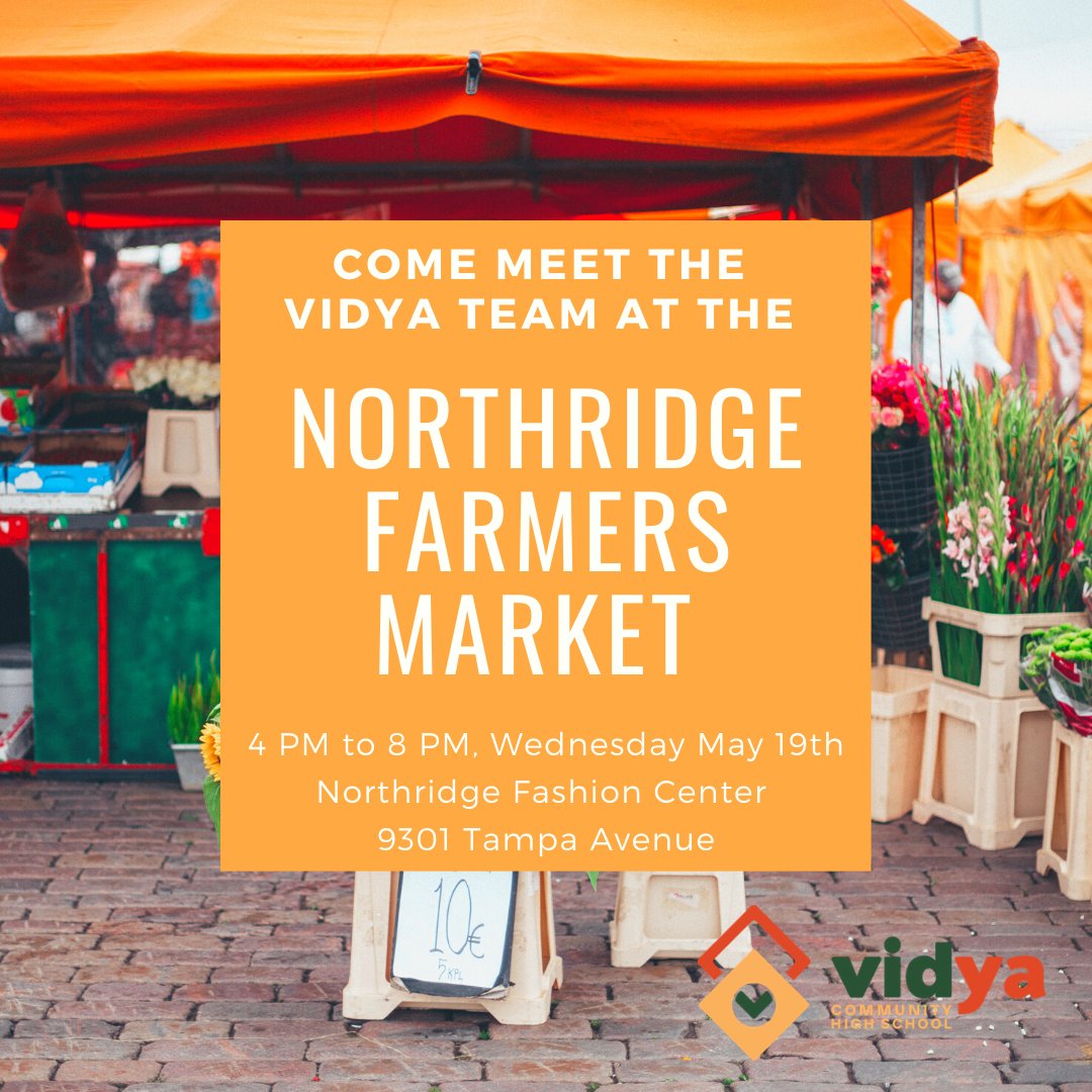 VidyaChs's tweet photo. Come and chat with us! Look for the Vidya CHS booth at the Northridge Farmers Market this Wednesday from 4-8pm. The team is excited to meet you! 
#farmersmarket #northridgefarmersmarket #northridgefashioncenter #streetfair #granadahills #porterranch #localactivities https://t.co/2qT7HuFPT0