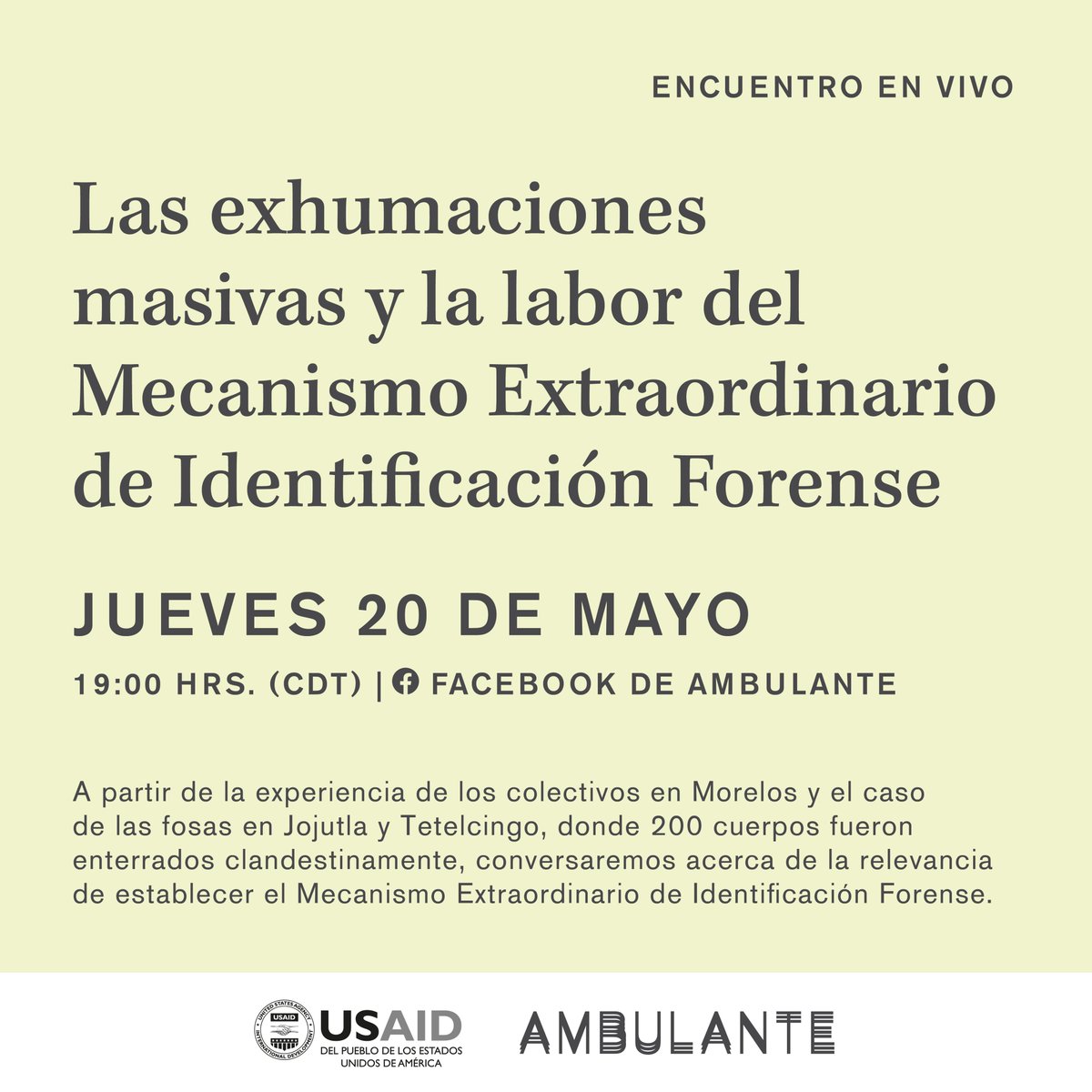 🗓El jueves hablaremos sobre las exhumaciones masivas y las labores forenses, a propósito de la exhibición de <a href="/volverteaverdoc/">Volverte a Ver - Documental</a>. 

Participan: Carolina Corral, Tranquilina Hernández, Angélica Rodríguez (<a href="/volverteaverdoc/">Volverte a Ver - Documental</a>), Ina Zoon (<a href="/OSFJustice/">Open Society Justice Initiative</a>) y <a href="/Chelawuera/">Ixchel Cisneros Soltero</a> (<a href="/eldiadespuesmx/">El Día Después</a>)