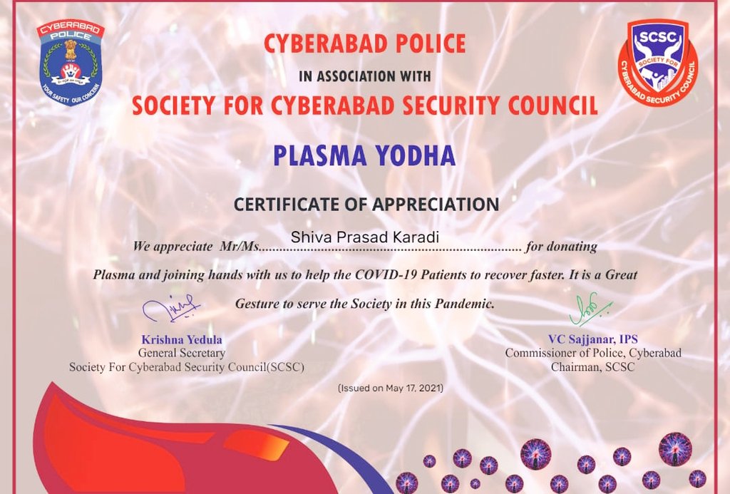 Sincere gratitude to @cyberabadpolice @RachakondaCop @SCSC_Cyberabad for being #FrontlineWarriors in #PlasmaDonation & inspiring #plasmadonors for #COVID19 Thanks @Manisha_saboo @Infosys @RKSC_Rachakonda @MsAnushkaShetty & @TrendsAnushka n team for the support.