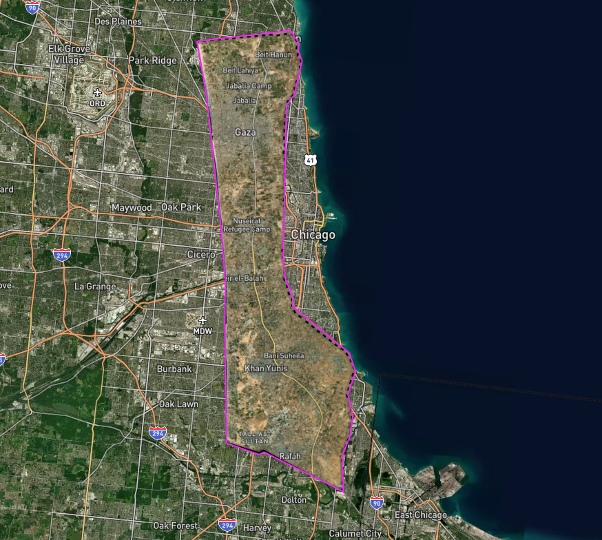 mappingmashups's tweet photo. Here's the satellite map of the Gaza Strip overlaid on Chicago, via @stamen's #scaleatron https://t.co/sDPikjYDh0