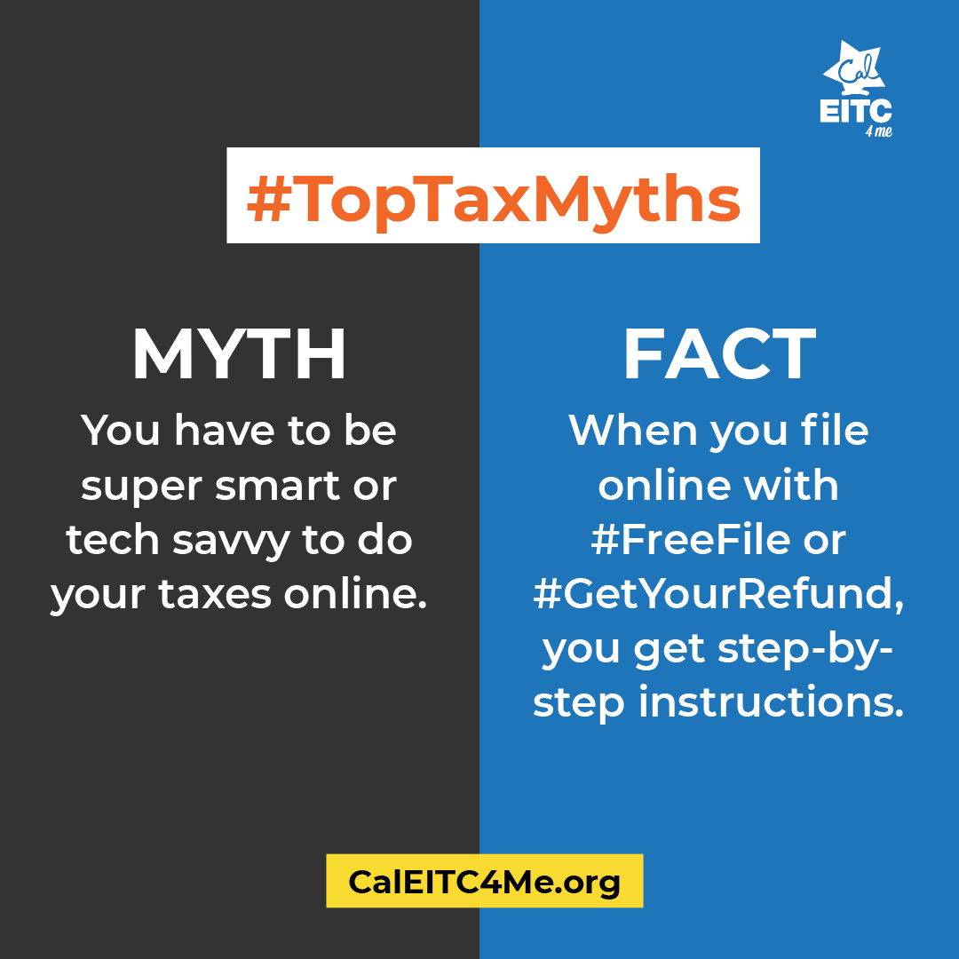CDAsandiego's tweet image. MYTH: You have to be super smart or tech-savvy to do your taxes online. 
FACT: When you file online with #FreeFile or #GetYourRefund, you get step-by-step instructions to walk you through filing and make sure you don’t make common errors. Learn more at CalEITC4Me.org/fileyourtaxes