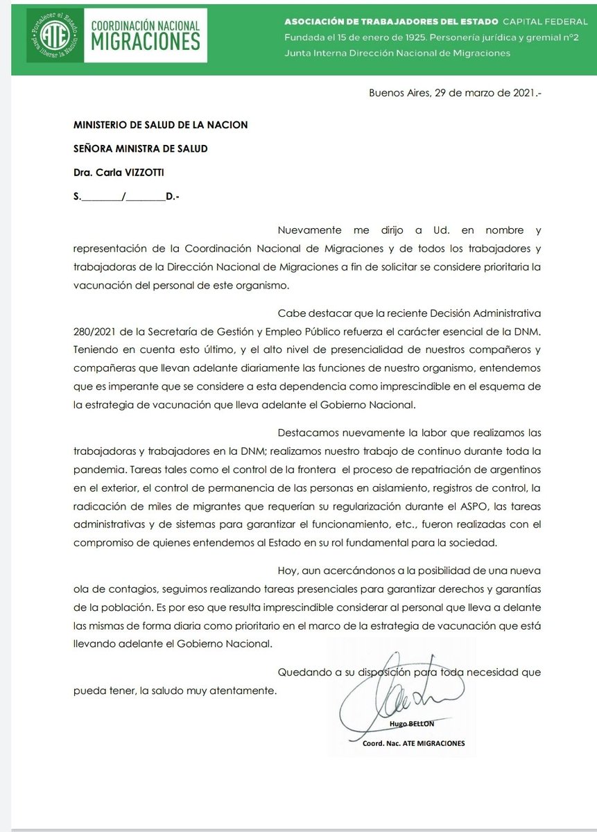 atemigraciones's tweet photo. #Urgente 
Ministra @carlavizzotti los y las trabajadoras de @Migraciones_AR, dado la alta presencialidad de nuestro trabajo, hemos sufrido la pérdida de dxs compañerxs e innumerables contagios.
Necesitamos una respuesta urgente a nuestros reiterados pedidos de vacunación. https://t.co/s3YBkN6VSl