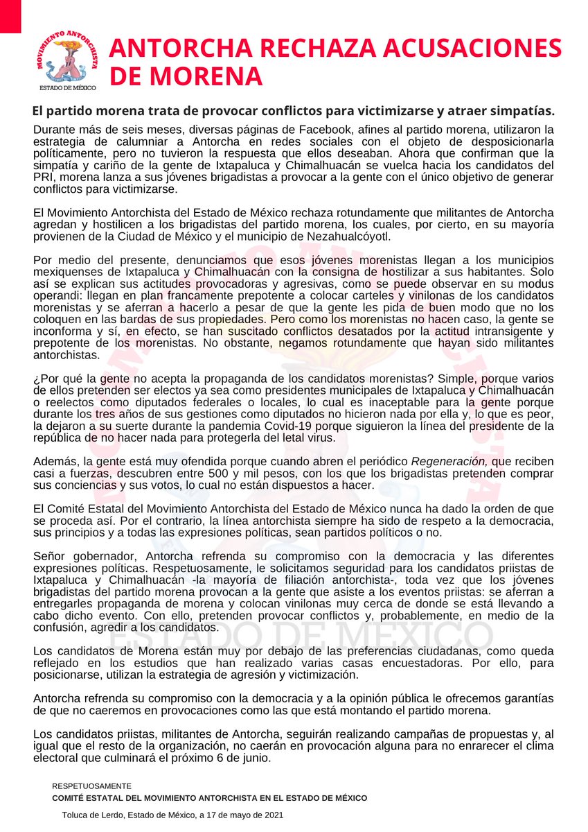 Antorcha rechaza acusaciones de morena

*El Movimiento Antorchista refrenda su compromiso con la democracia y a la opinión pública le ofrecemos garantías de que no caeremos en provocaciones como las que está montando el partido morena.