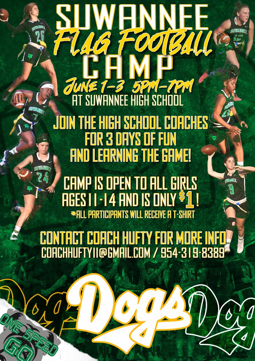 Suwannee Flag Football camp for girls ages 11-14 is about two weeks away! Camp will be run by Coach Hufty and the high school coaches! All participants get a shirt! Contact Coach Hufty to reserve your child’s spot! We can’t wait for June 1st!