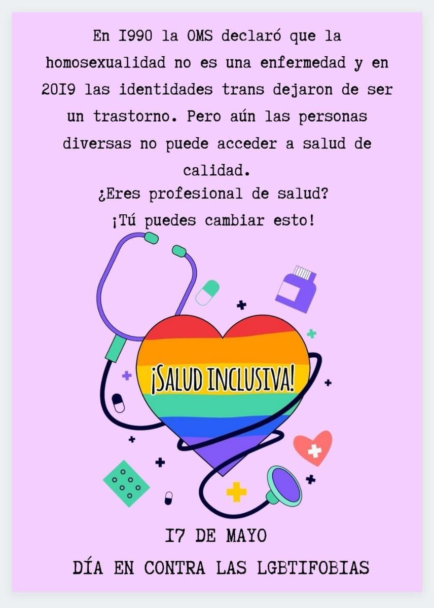 daad1994's tweet photo. La salud en un derecho humano
Las personas lgbti necesitan ser atendidxs con el nivel más alto de calidad posible, sin discriminación.

Siempre diverxs y orgullosxs! 🏳️‍🌈❤️💪
#17DeMayo 
#DiaContralaLGTBIfobia https://t.co/sU2Irkptq9