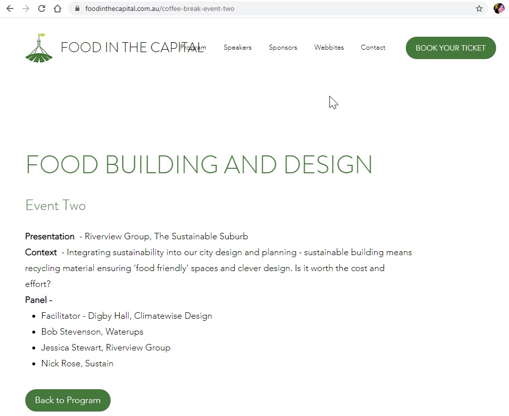 #FoodintheCapital FOOD BUILDING AND DESIGN session: The #SustainableSuburb​.
Integrating sustainability into our city design and planning - sustainable building means recycling material ensuring ‘#foodfriendly’ spaces and clever design. Is it worth the cost and effort? See panel