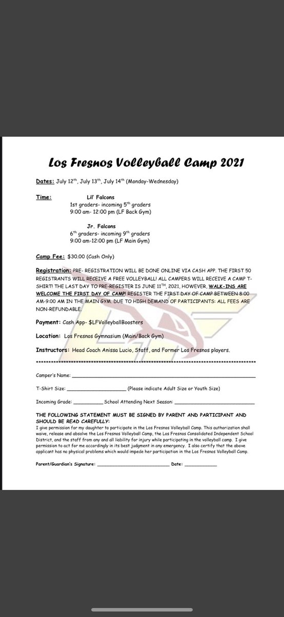 Future Cougars and Falcons there will be a volleyball camp this summer. Flyer  below⤵️⤵️⤵️