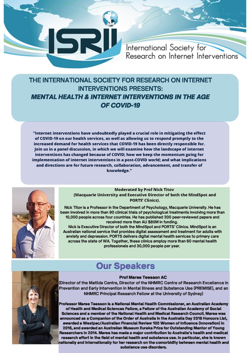 Free webinar, open to all! Join us for a panel discussion on the impact of COVID-19 on the landscape of mental health &amp; internet interventions. Panellists: <a href="/MTeesson/">Prof Maree Teesson AC</a> <a href="/SerlachiusEva/">Serlachius</a> <a href="/StasiakSylman/">Karolina Stasiak 👩🏻‍💻</a>  &amp; Nick Titov of @mindhealthc <a href="/karolinskainst/">Karolinska Institutet</a> <a href="/FMHS_UoA/">Faculty of Medical and Health Sciences UoA</a> <a href="/TheMatilda_USyd/">The Matilda Centre</a>