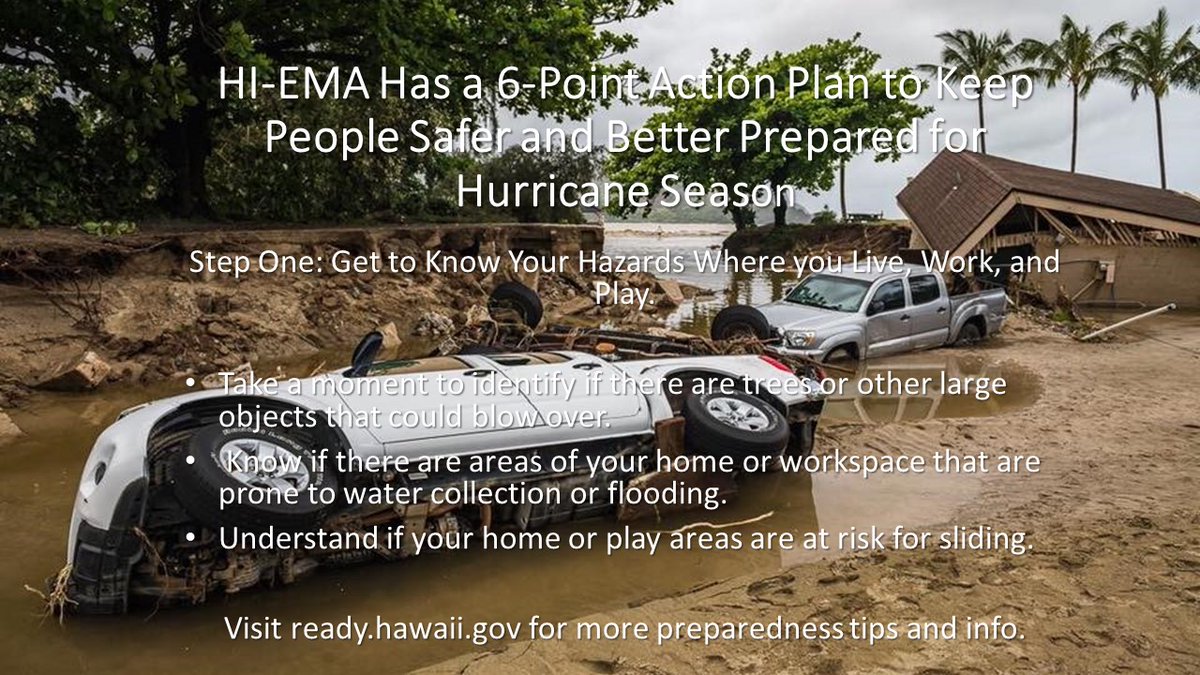Hawaii_EMA's tweet photo. As we move ever closer to Hurricane Season, HI-EMA has a 6-point plan with proven actions you can take to stay safer and be prepared for the next hurricane.
Step One: Know your hazards where you live, work, and play.
#BePrepared #808Safe #HIEMA https://t.co/MQOigkzKHC