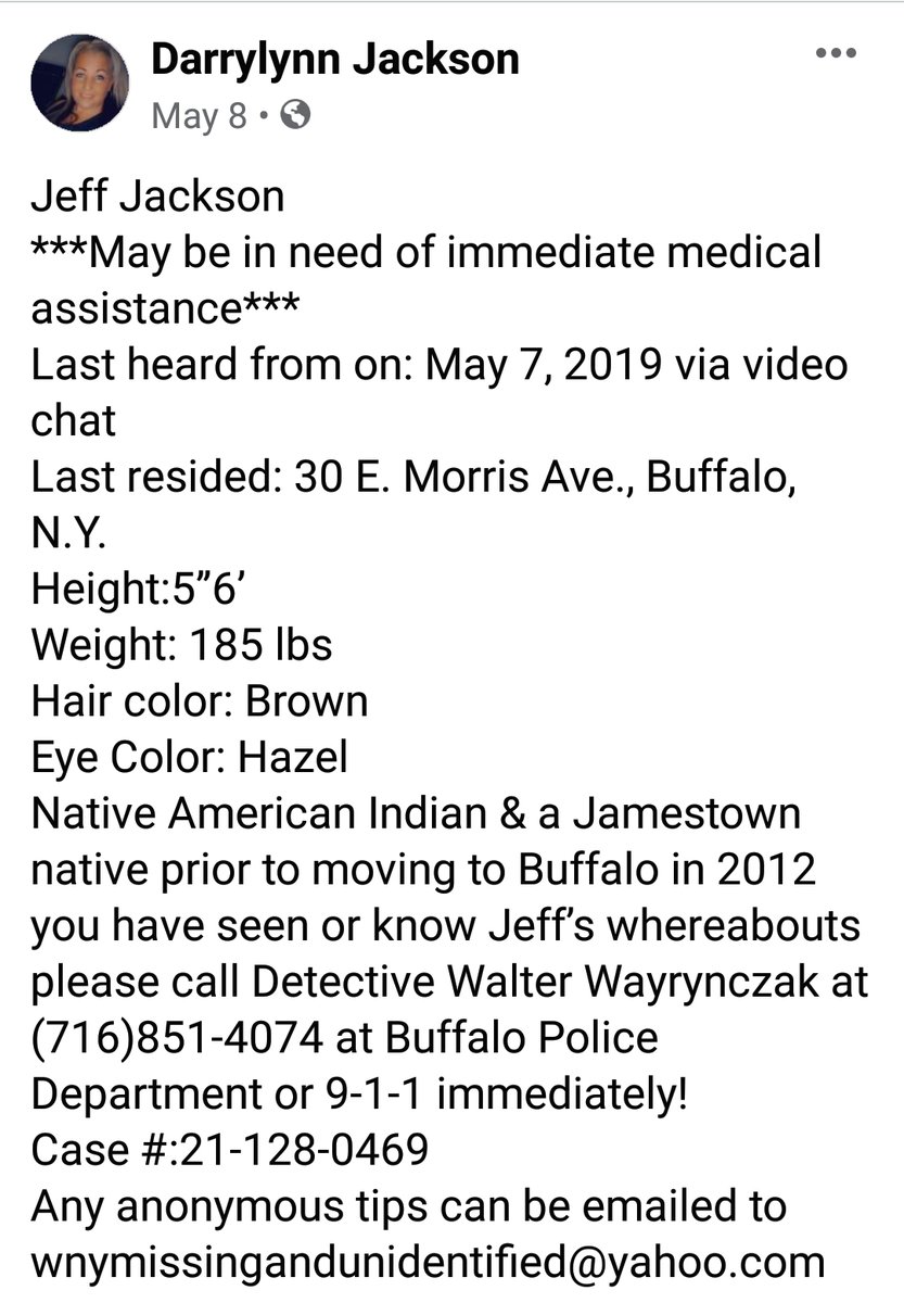 PhD_OnTheCouch's tweet image. #MISSING #BUFFALO #JeffJackson 
Last heard from on video chat with his sister May 7, 2019. We are looking for anybody that may have seen him since. He was living on East Morris Ave. in Buffalo. More info on the delay in #MissingPerson's report here facebook.com/groups/4417421…