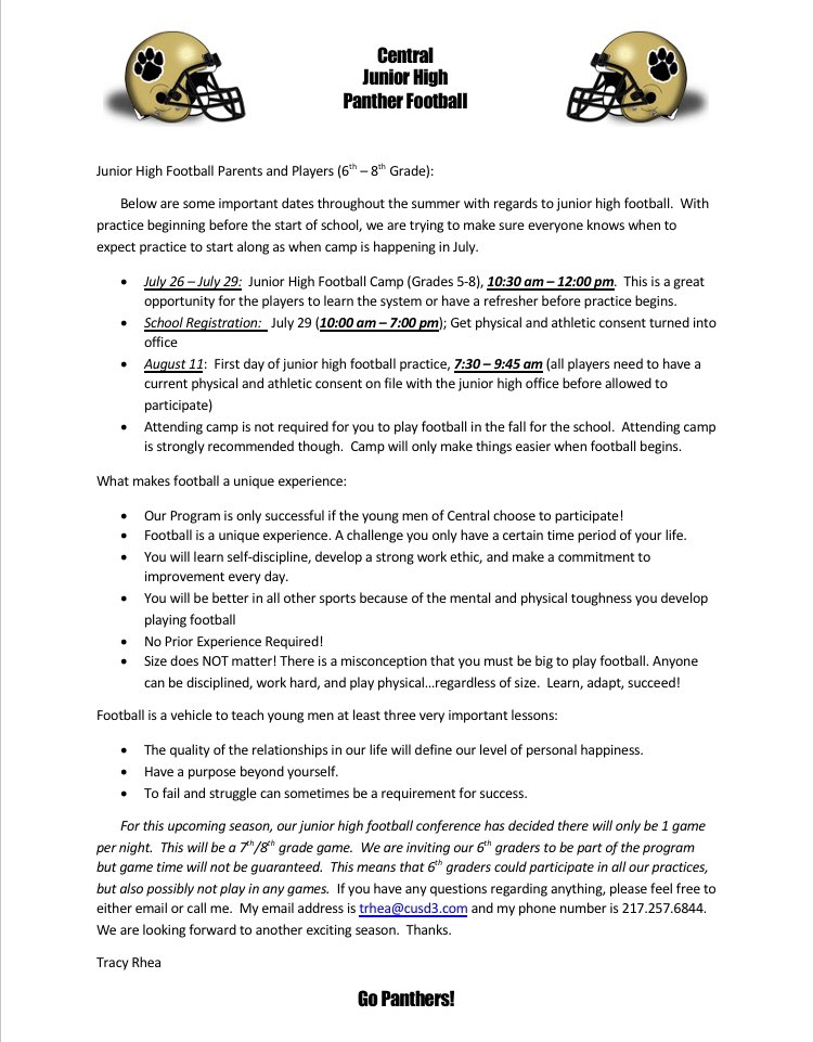 trhea17's tweet photo. Attached is information regarding important summer dates for junior high football.  #GoPanthers https://t.co/0Ns0VEGtjR