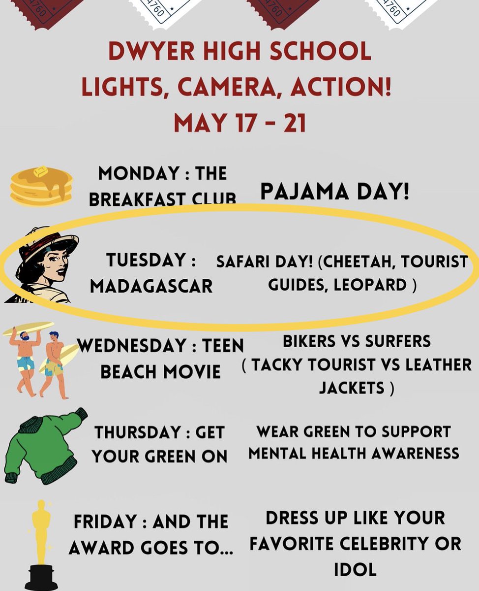 Tomorrow's (Tuesday, May 18th) Spirit Week dress-up theme is Safari Day! Let's see your animal print, tour guide, and safari outfits. #WeAreDwyer #SchoolSpirit Tomorrow's (Tuesday, May 18th) Spirit Week dress-up theme is Safari Day! Let's see your animal print, tour guide, and safari outfits. #WeAreDwyer #SchoolSpirit