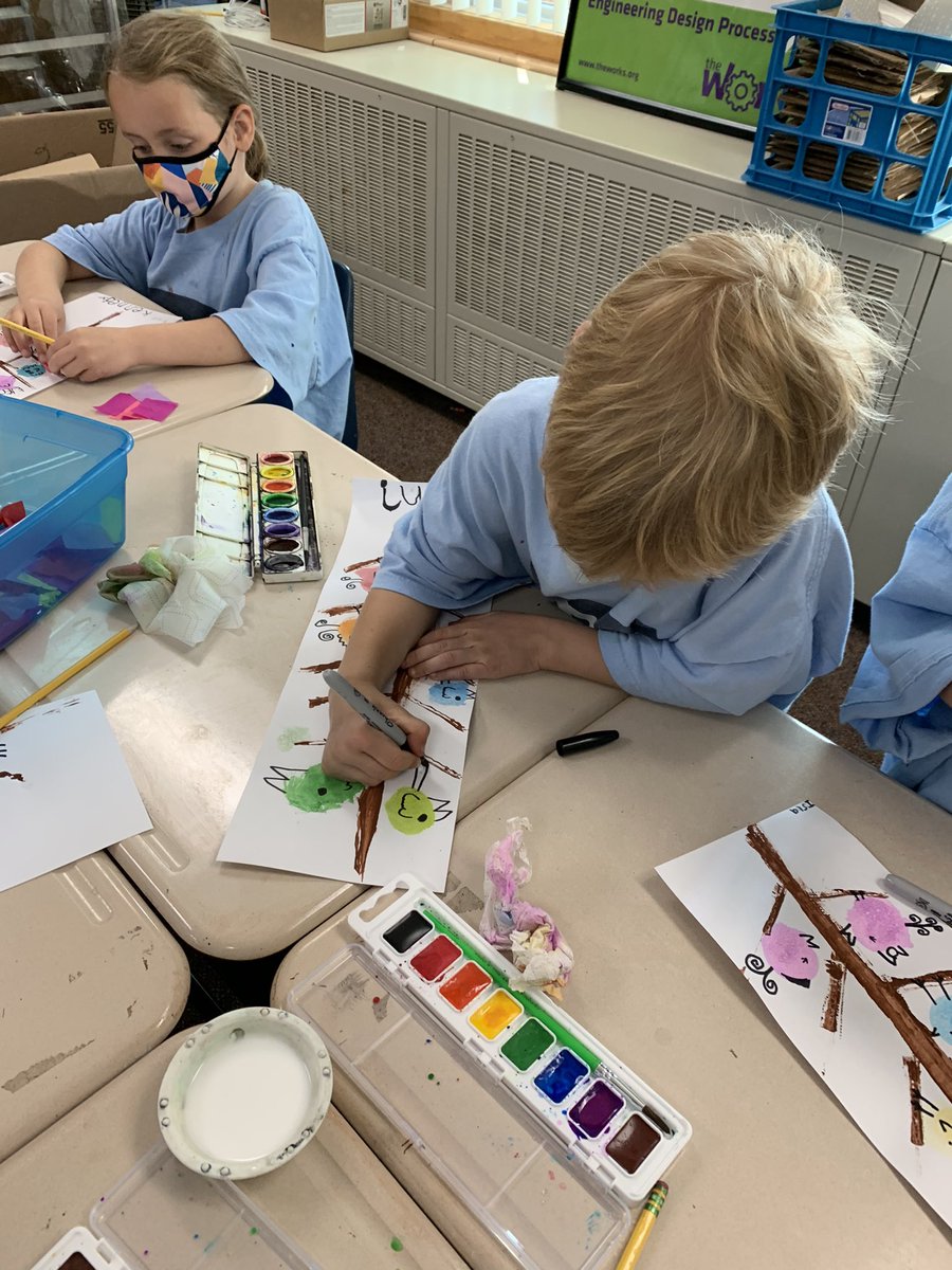 Inspired by Japanese prints, K artists stamp trees w cardboard pieces and tempera. Next day birds are painted and drawn...with a big finish of gluing on tissue paper blossoms...multimedia! #elementaryarteducation #arted #hopkins270