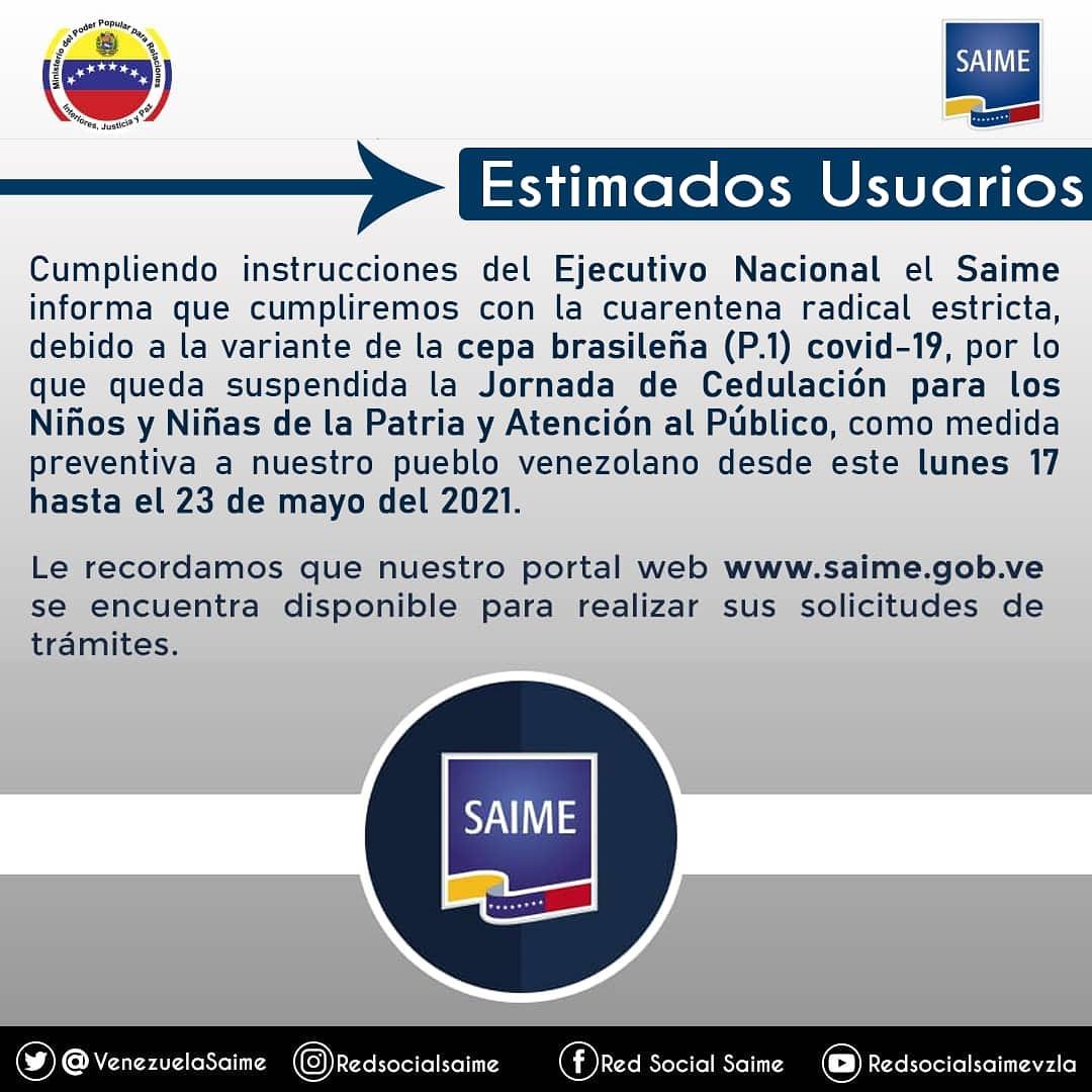 #IMPORTANTE📢  El <a href="/VenezuelaSaime/">VenezuelaSaime</a> informa que cumpliremos con la cuarentena radical bajo el método 7+7 decretada por el Ejecutivo Nacional. Se suspende la atención al público en todas las oficinas desde el #17Mayo hasta el #23Mayo de 2021. 

#SAIME
#MPRPIJP  
#CamenMeléndez