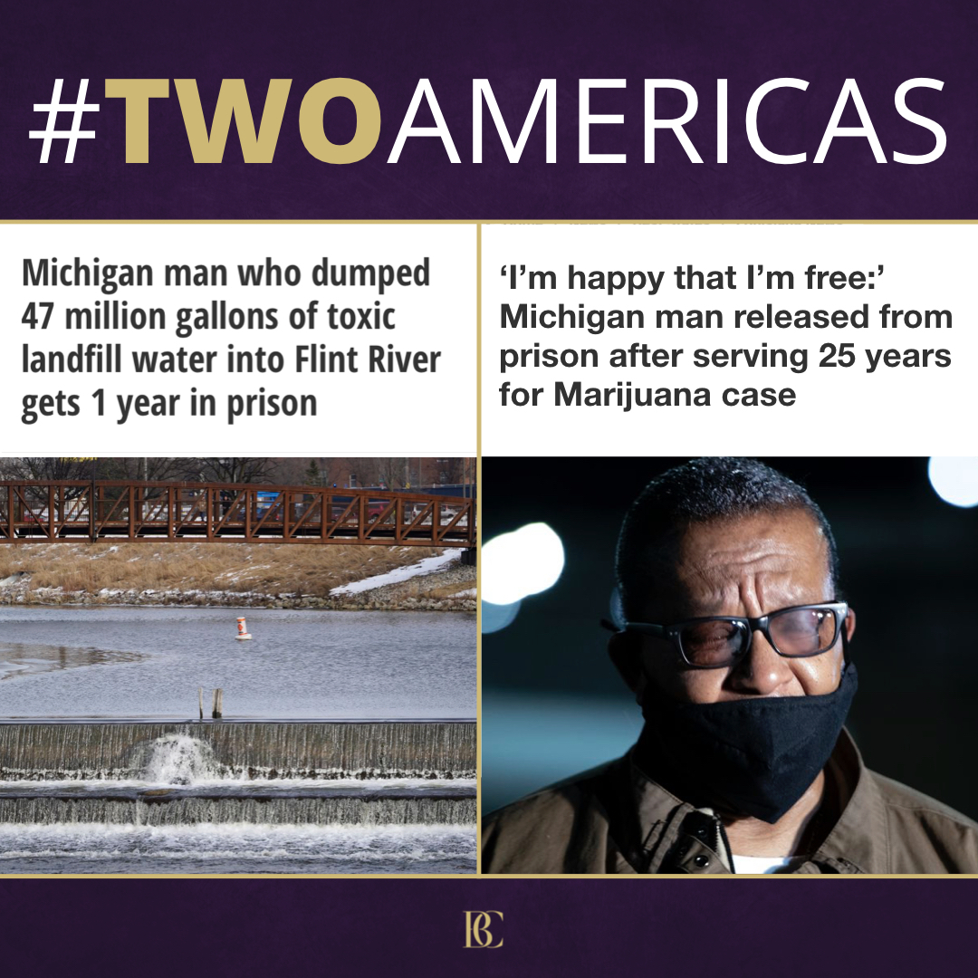AttorneyCrump's tweet image. Robert Massey, 70yo white man: Sentenced to 1 YEAR in prison for dumping 47 MILLION gallons of toxic water into Flint River.

Michael Thompson, 69yo Black man: Spent 25 YEARS in prison for selling a small amount of marijuana.

#TwoAmericas