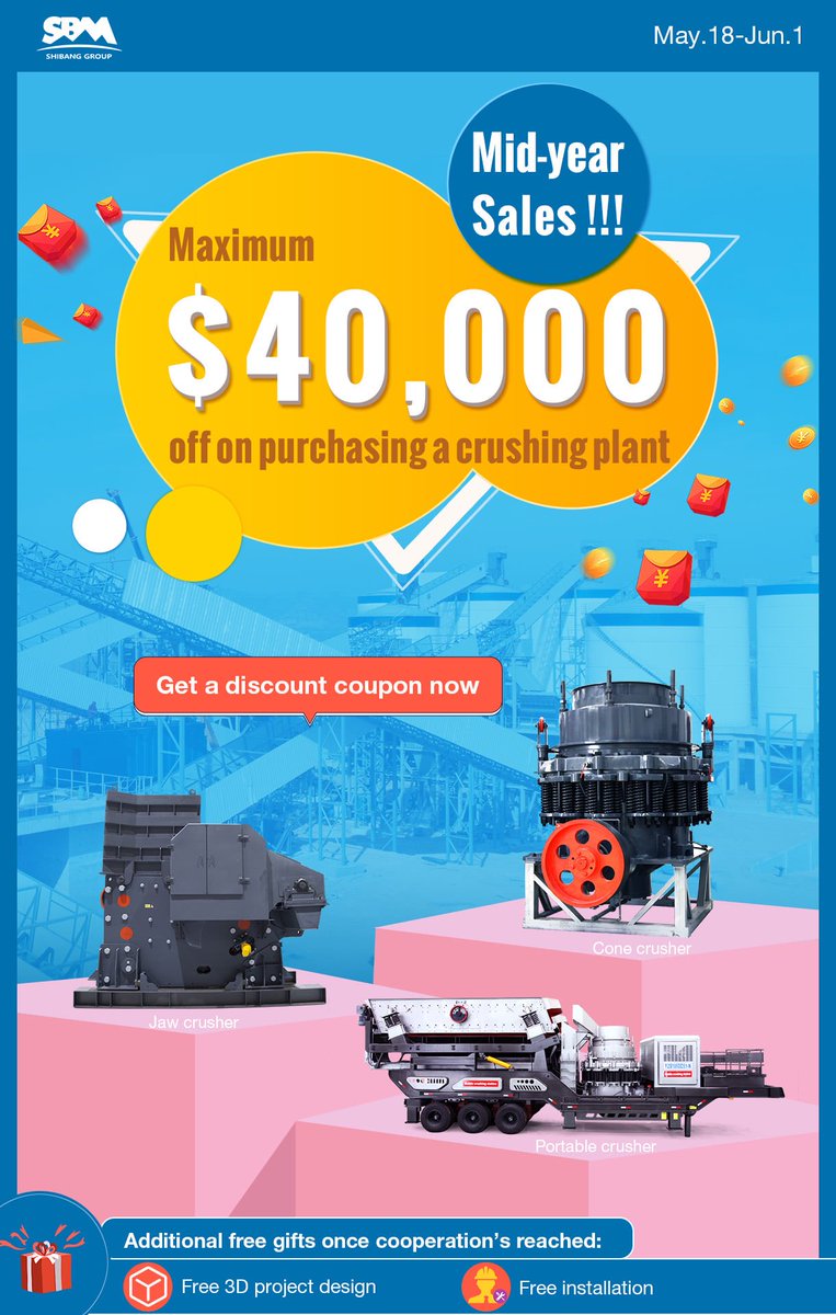 Hello, my friends, 2021 SBM Mid-year Sales activity has begun. Participating in this activity, you can save up to $40,000 for your crushing plant.
Sign up：m.sbmchina.com/marketing/sns/…
#SBM #stonecrusher #rockcrusher