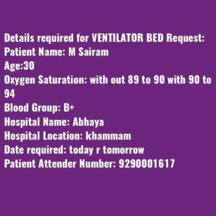 aastha09972449's tweet photo. #Khammam,Telengana

#URGEN NEED OF VENTILATOR BED

Plzz help with verified leads

@TeamUttisht
@indunitedngo
@theNationcare
@network_covid
@COVResourcesIn https://t.co/Nv6MwxZWlR