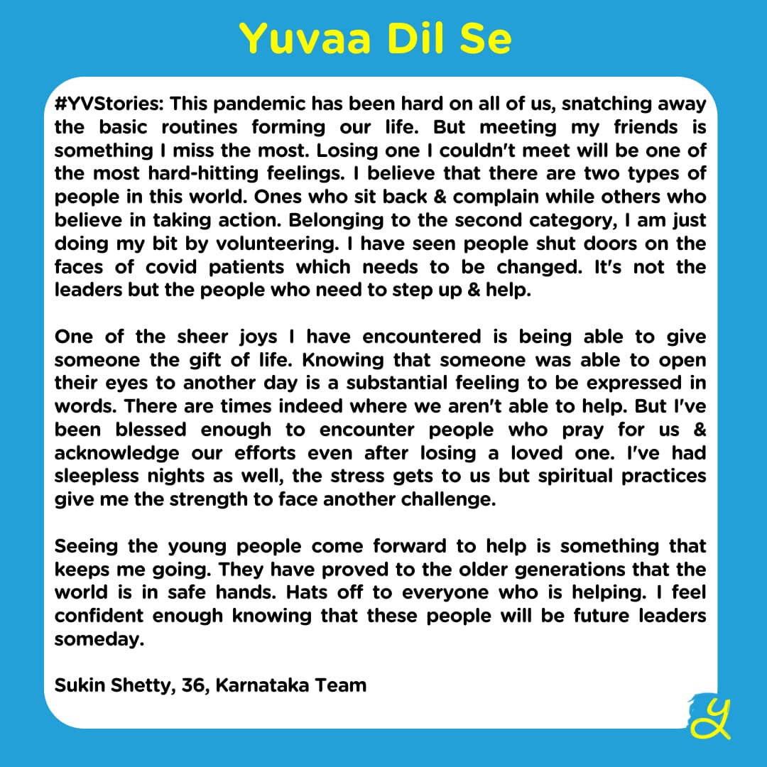 Meet Sukin (<a href="/sukin_s/">Sukin Shetty</a> ) #YuvaaVolunteer who is working tirelessly to bring smiles and save lives across India. 

#YuvaaDilSe #YVStories #YouthFightsCovid #Yuvaa
