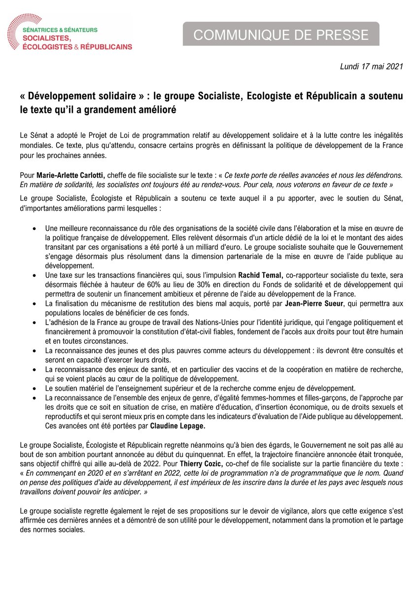 📢Hier soir le Sénat a adopté le projet de loi sur le #Developpementsolidaire et la lutte contre les #inégalitésmondiales.  🌍 Nous avons soutenu ce texte après l'avoir nettement amélioré par nos amendements.
Notre communiqué de presse ⤵️