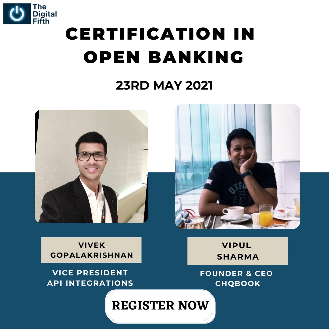 Shashank Shekhar (@imtheshekhar) on Twitter photo We are delighted to have Vivek Gopalakrishnan, VP- API Integrations and <a href="/vips26/">Vipul Sharma</a>, Founder & CEO of <a href="/chqbook/">Chqbook</a> Sharing their learnings and experience on #OpenBanking at <a href="/thedigitalfifth/">The Digital Fifth | Bharat Fintech Summit</a> program on "Certification in Open Banking"
To know more & register:lnkd.in/geWXP9H We are delighted to have Vivek Gopalakrishnan, VP- API Integrations and <a href="/vips26/">Vipul Sharma</a>, Founder & CEO of <a href="/chqbook/">Chqbook</a> Sharing their learnings and experience on #OpenBanking at <a href="/thedigitalfifth/">The Digital Fifth | Bharat Fintech Summit</a> program on "Certification in Open Banking"
To know more & register:lnkd.in/geWXP9H