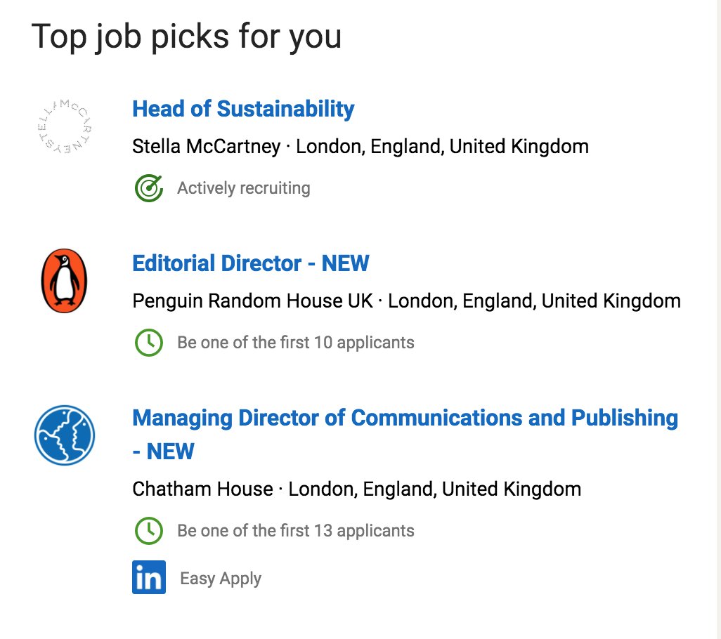 Isabeld's tweet image. I love the ambition of LinkedIn job suggestions. Dusting off the old CV for the Stella McCartney gig right now. I'm sure my knowledge of BPS, ELMS, BNG and natural capital will clinch it.