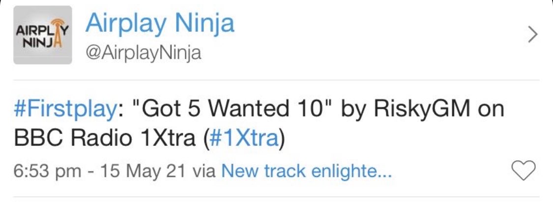 Exclusive play on at ⁦<a href="/1Xtra/">BBC Radio 1Xtra</a>⁩ of RISKYGM “Got 5 Wanted 10” single coming out on the “OMH TAPE” ⁦<a href="/Wireless_Sound/">Wireless</a>⁩ ⁦<a href="/RiskySt8/">RisklaGM</a>⁩ ⁦<a href="/SianAnderson/">elijahs mum</a>⁩