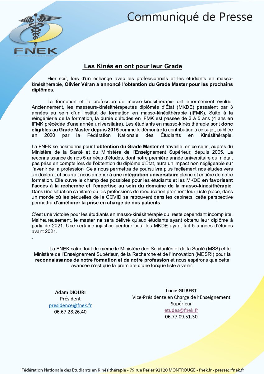 La_FNEK's tweet image. #CommuniquédePresse

🟡Les Kinés en ont pour leur Grade🔵

Après 15 ans de travail, nous obtenons enfin le #GradeMaster 🎉

#KinéGradé #TeamKine 

Cc : @cnomk @HOSPIMEDIA @BFMTV @AEFsuprecherche @Qofficiel @remede_org @EgoraInfo @studyrama @P_etudiant @le_Parisien @20Minutes @LCI