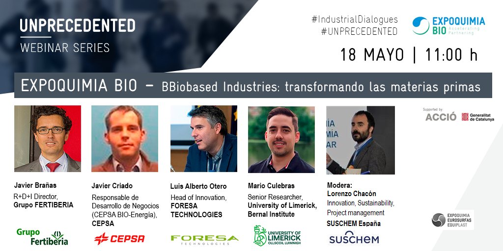 expoquimia's tweet image. ⌛¡Empezamos en 1h!
"Biobased Industries: transformando las materias primas"
👉mtr.cool/kgpwkrojdh
La industria de base biológica es un sector emergente. 🔎Descubre los retos que afronta con @grupofertiberia @Cepsa_ES #FORESA  @limerick @Feique_ES @SusChemSpain