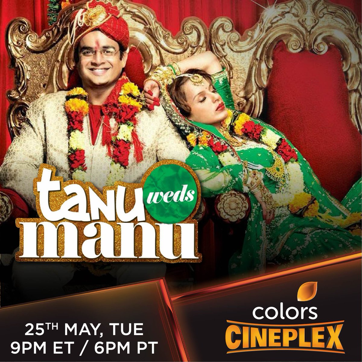 Watch the super hit movie #TanuWedsManu starring #RMadhavan and #KanganaRanaut tonight at 9 PM ET / 6 PM PT.