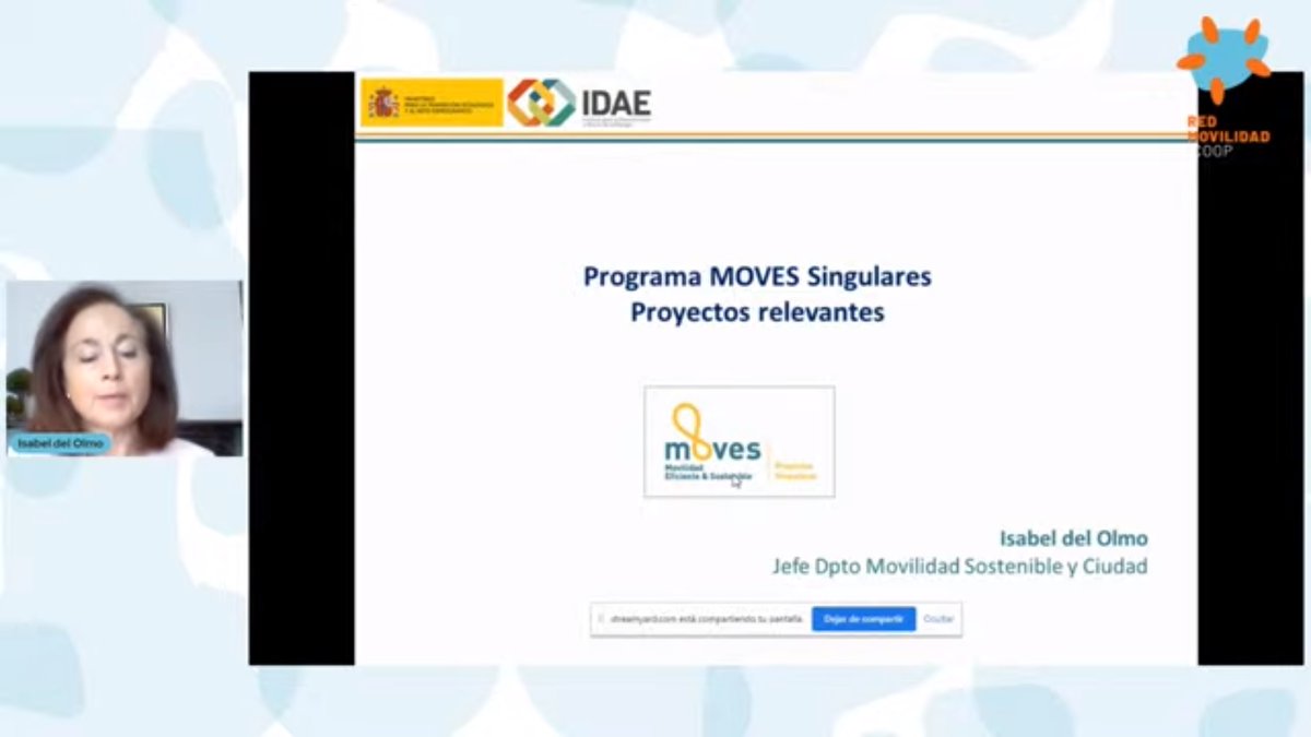 Empieza la presentación de #RedmovilidadCOOP con Isabel del Olmo de <a href="/IDAEenergia/">IDAE</a> explicando las características del programa Moves Singulares a través del cual hemos recibido apoyo para impulsar esta red.
