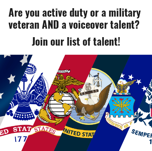Are you active duty or a military veteran AND a voiceover talent? 

A voice seeker needing a military veteran VoiceOver?

If you are Military veteran or Active Duty/Guard/Reserve voiceover send a note and demo(s) via the register form VoiceOverVets.com