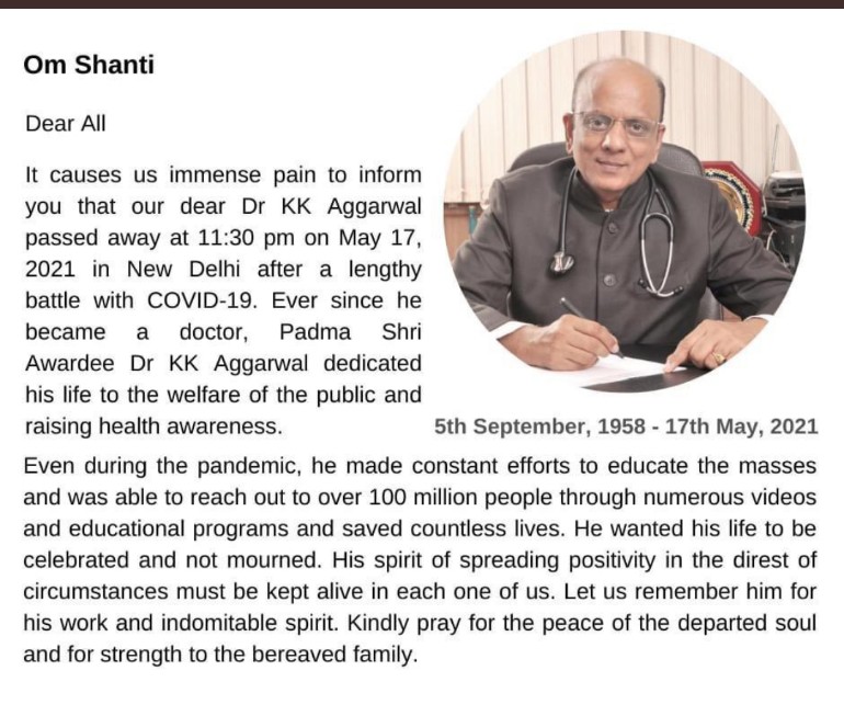 mr_ryt_here's tweet photo. Dr KK Aggarwal passes away.

So many videos online, educating millions and saving so many lives, yet succumbed to the deadly covid. 

RIP Sir 🙏🙏

#drkkaggarwal #100DaysOfCode #javascript #programming #APFightsCorona #Age_Relaxation #Palestine https://t.co/MmAq95PrCV