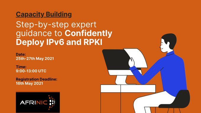 wolcomm's tweet photo. Last day to register for the 2nd @AFRINIC IPv6 &amp; RPKI e-Deployathon 2021, limited to 35 participants with sessions in English only. Register at https://t.co/YnvL8A9HlB
#iptransit #africa #afrinic #IPv6  #deployathon #RPKI #routing #security #deploy https://t.co/vKt30knjZf