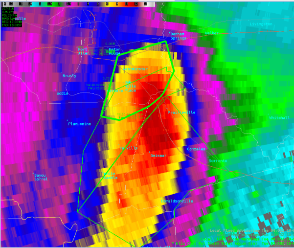 NWSNewOrleans's tweet photo. 1102p - Radar estimating 10-12" of rain in parts of southern East Baton Rouge Parish as well as Western Ascension &amp; far eastern Iberville. Have also seen several home weather stations offering ground truth to those estimates. Flash flood warnings remain in effect. #lawx https://t.co/8N6xudAvsJ