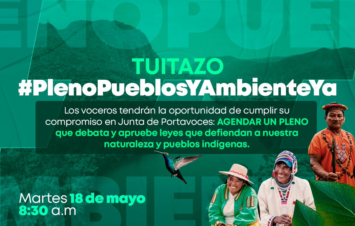 cdpueblos's tweet photo. ¡Es ahora!
Los voceros de las diferentes bancadas tiene la oportunidad de agendar un Pleno especial de Pueblos y Ambiente.
Es un compromiso ya hecho ante el pedido de las organizaciones indígenas, afroperuanas y civiles.

¡Hoy nos unimos al llamado por un #PlenoPueblosYAmbienteYa https://t.co/1VFS9HhK69