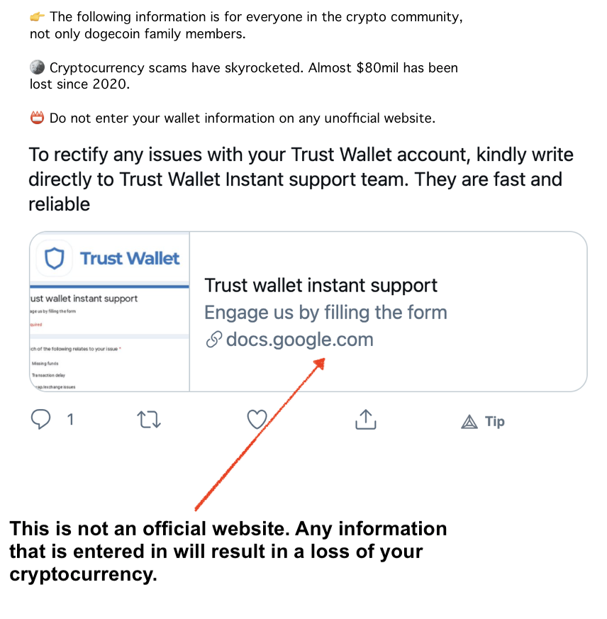 DogecoinCollege's tweet photo. ‼️📢 PSA: Scams

📚Read the image below👇

If ever in doubt, reach out to the direct website for assistance. Any https://t.co/Qh6aqvT8nN link is not reliable!

Report these tweets when you see them.

#cryptocurrency #Crypto #dogecoin #DogeFam #dogearmy #doge https://t.co/CdffINZ1k9