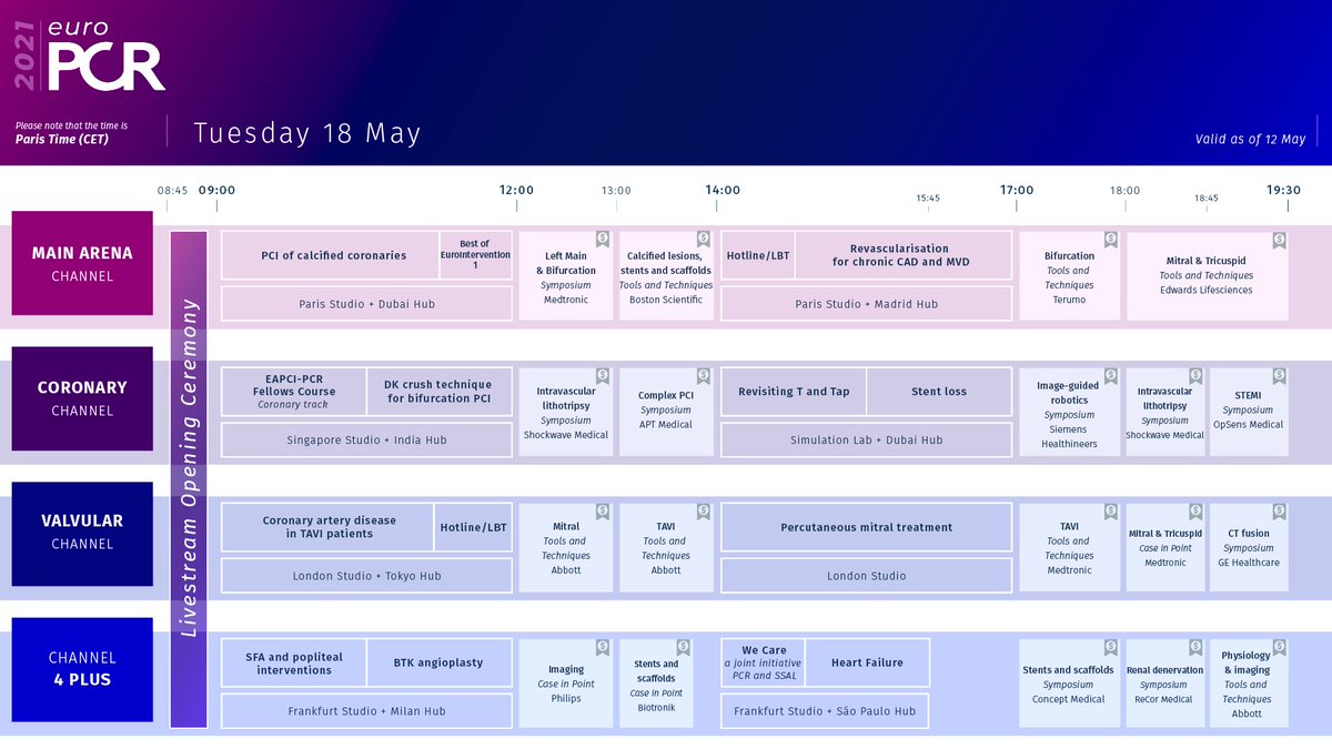 🟣 #EuroPCR Day 1 at a glance 🟣 ⏰ 09.00 / 18th May 🟣 Main Arena 🟣 Coronary 🟣 Valvular 🟣 4 Plus channels course.europcr.com @ozantanik @umityasarsinan1 @CanbolatIP @veyselozgurbar1 @mehmetburakozen @ainhoape1 @YigitCanga2 @scaganefe @elif_ilkay9 @AlperKarakus_MD