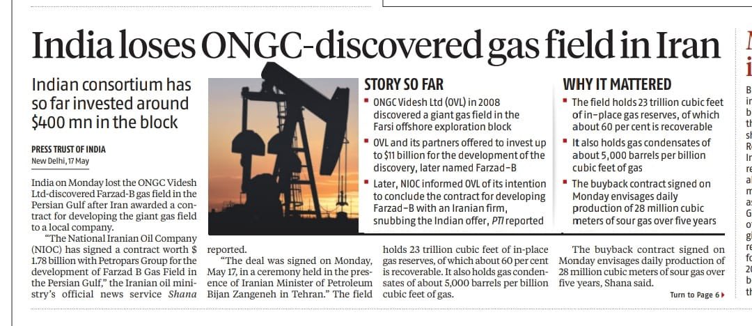 Losing Farzad-B Gas Field (holding 23 trillion cubic feet of gas reserves) in Persian Gulf in Iran is a body blow to years of hard work, exploration, resources &amp; diplomacy.

Reflects utter failure of Modi Govt’s leadership &amp; handling of our strategic interests.

Shameful!
