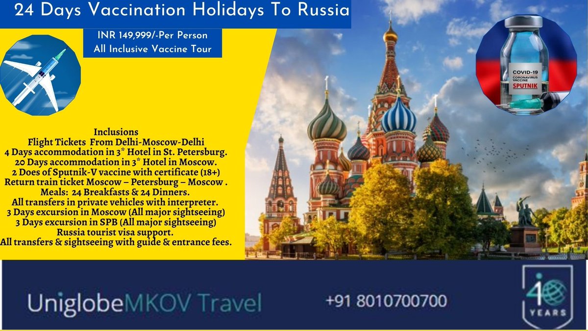 Uniglobe_mkov's tweet photo. Looking for holiday packages &amp; looking for Sputnik V Vaccine.
You are on right path.
We have 24 Days Vaccination Holiday Trip To Russia.
Call us for more details.
+91 8010700700
info@uniglobemkov.com
https://t.co/p2fkyZ0NqB https://t.co/UHt1M0uSqk