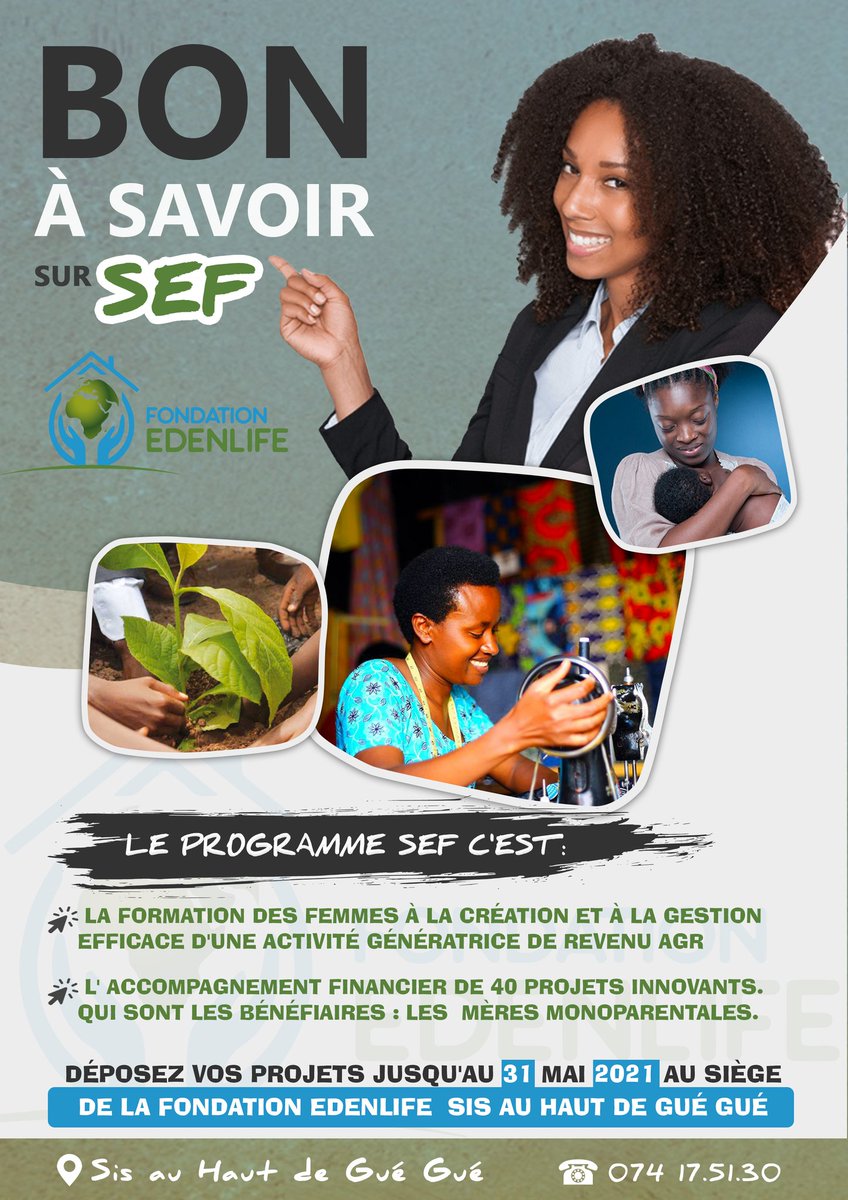 La formation en gestion d'#AGR &amp; l'accompagnement financier de plusieurs projets portés par des mères monoparentales. Voici ce que vous réserve le programme #SEF.
Inscrivez-vous dès maintenant⤵️. 
<a href="/FondationSBO/">Fondation SBO</a> <a href="/Sylviabongo/">Sylvia Bongo Ondimba</a> <a href="/PresidenceGA/">Présidence de la République Gabonaise</a> <a href="/OssoukaRaponda/">Rose Christiane Ossouka Raponda</a> <a href="/NoureddinBV/">Noureddin Bongo Valentin</a> <a href="/UNICEF/">UNICEF</a>
