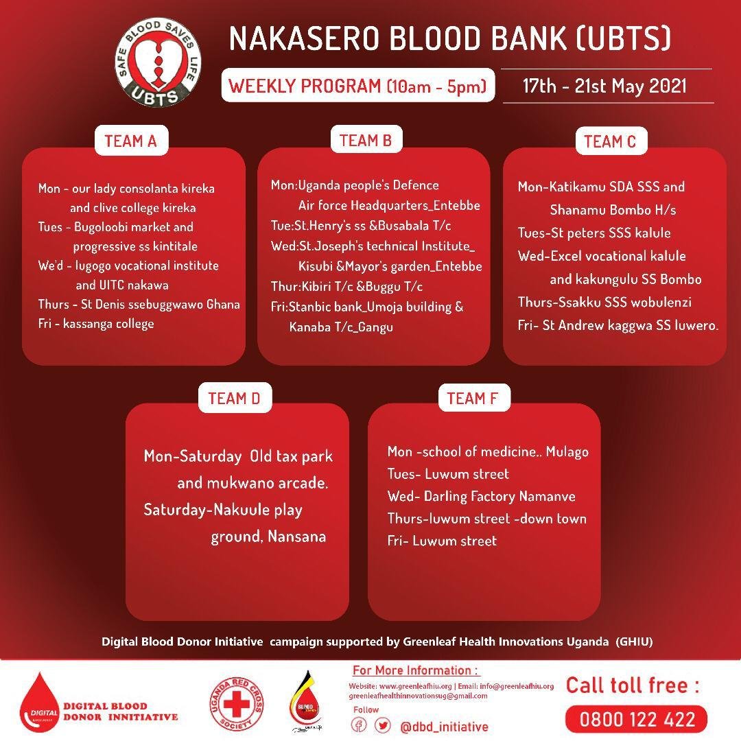 Donate blood and help someone's life to function. The dedicated teams are near you this week and ready to welcome you. <a href="/RedcrossUganda/">Uganda Redcross</a> <a href="/dbd_Initiative/">DIGITAL BLOOOD DONOR INITIATIVE - @dbd_initiative</a> <a href="/MinofHealthUG/">Ministry of Health- Uganda</a> <a href="/MakSPH/">Makerere University School of Public Health</a> <a href="/Makerere/">Makerere University</a>